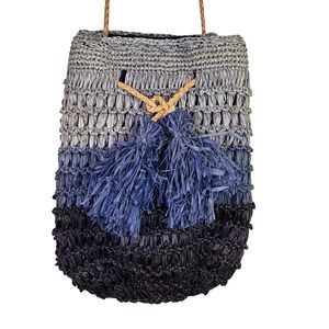 Mar Y Sol Handwoven Raffia Crossbody Bag Gray Blue Ombre Tassels 10" x 7.5"
